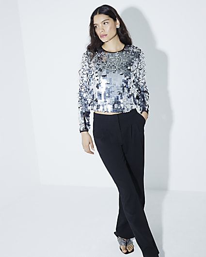 Silver Premium Sequin Long Sleeve Crop Top