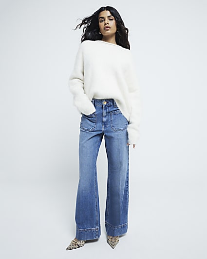 Petite Blue High waisted pocket wide leg jean