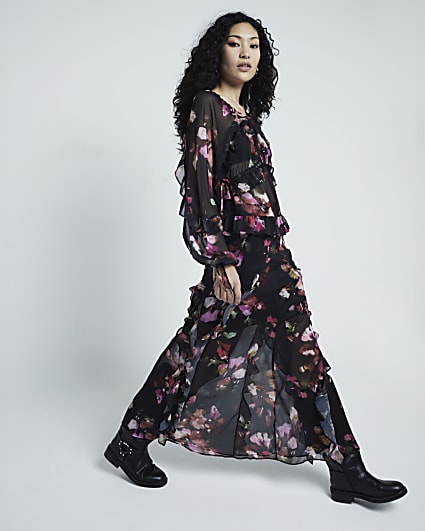 Black ruched drape maxi skirt River Island