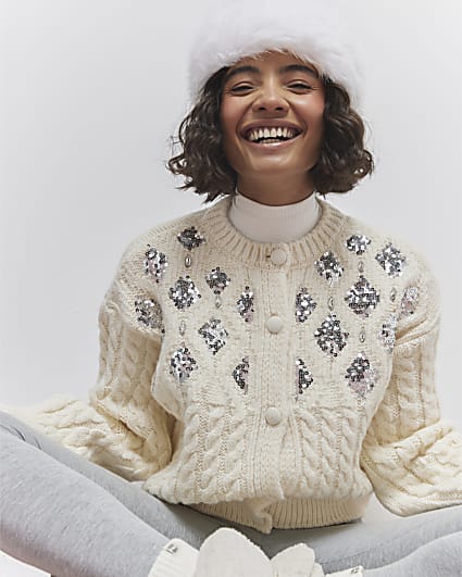 Cream boucle knit crop cardigan River Island