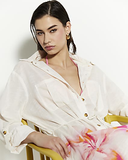 Cream Floral Print Shirt Beach Dress