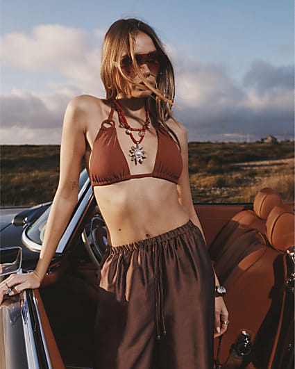Brown Ribbed Triangle Ring Bikini Top