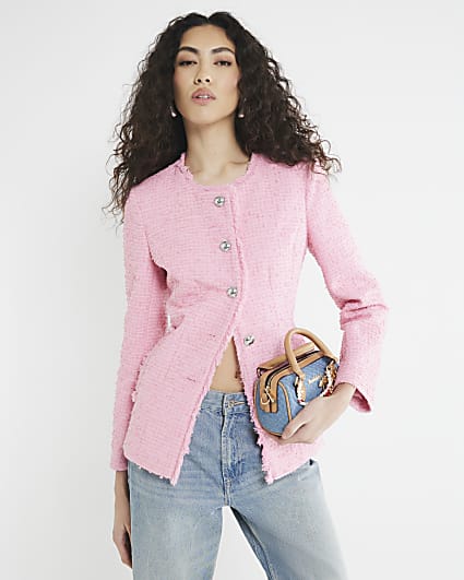 Pink Collarless Boucle Jacket