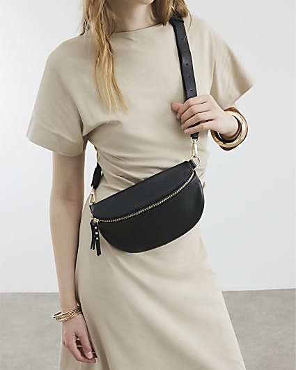 Black Leather Cross Body Bum Bag