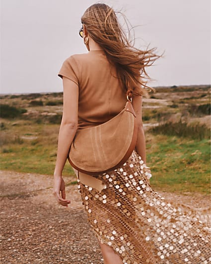 Brown Suede Knot Handle Slouchy Shoulder Bag