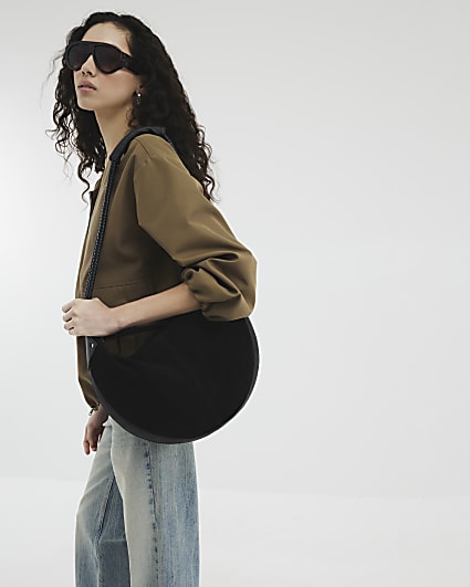 Black Suede Knot Handle Slouchy Shoulder Bag