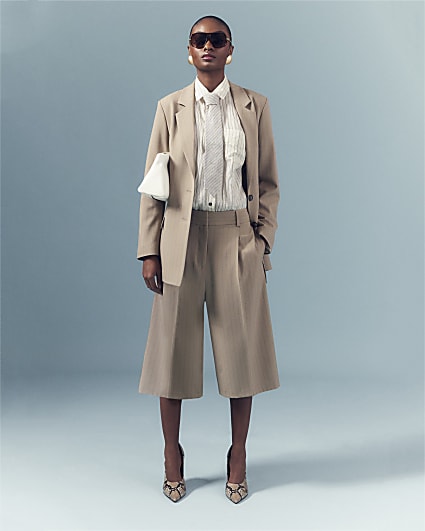Beige Pinstripe Bermuda Shorts