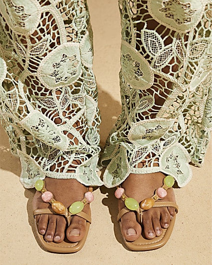 Beige Del Maar Beaded Flip Flop Sandals