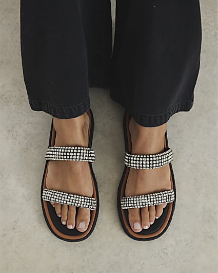 Silver Diamante Chunky Footbed Sandals