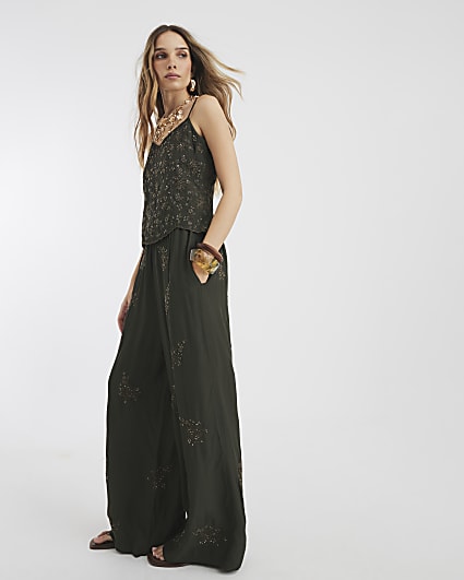 Khaki Embellished Wide Leg Trousers