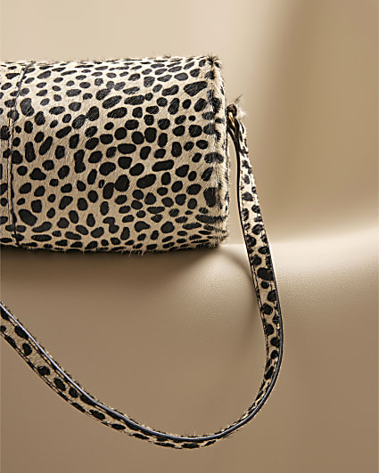 Cream Leather Animal Print Shoulder Bag