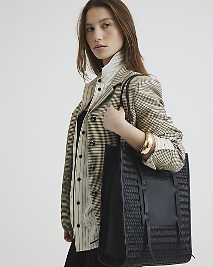 Black Leather Woven Shopper Bag