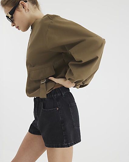 Black Denim Elasticated A Line Shorts