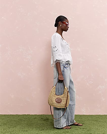 Beige Scooped Raffia Shoulder Bag