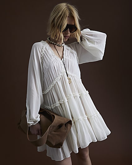 Cream Long Sleeve Ruffle Smock Mini Dress
