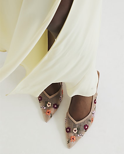 Beige Mesh Flower Sling Back Heels