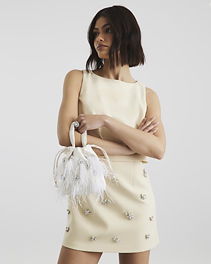 Cream Feather Embellished Clutch Bag