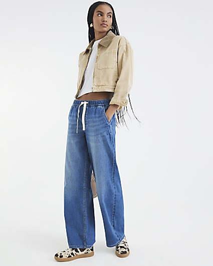 Blue Wide Leg Drawstring Jeans