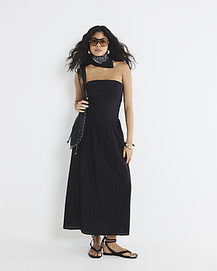 Black Pleated Bandeau Midi Dress