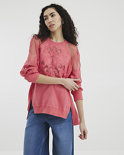 Pink Long Sleeve Cutwork Floral Sweatshirt