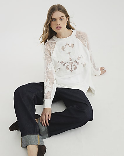 Cream Long Sleeve Floral Cutwork Sweatshirt