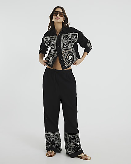 Black Linen Blend Broderie Trousers