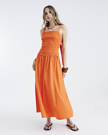 Orange Shirred Midi Dress
