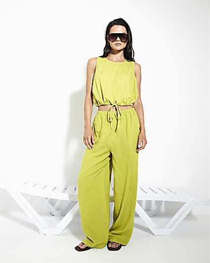 Lime Linen Blend Wide Leg Trousers