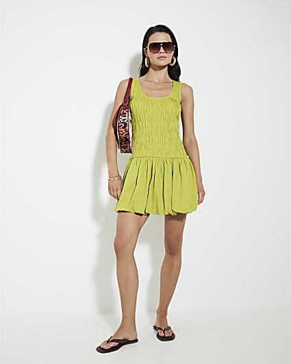 Lime Bubble Hem Shirred Mini Dress