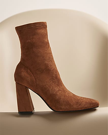 Brown Faux Suede Block Heel Ankle Boots