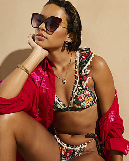 Black Del Maar Floral Triangle Bikini Top