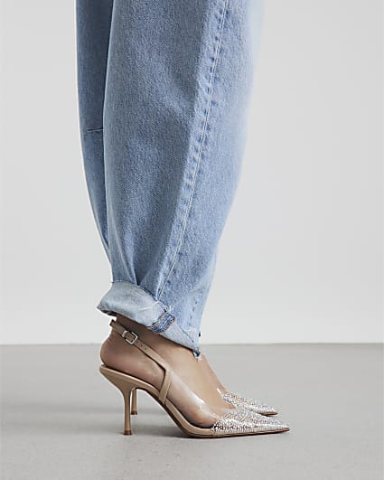 Beige Perspex Embellished Pointed Court Heels