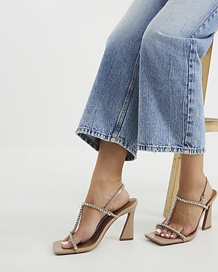 Pink Diamante T Bar Heeled Sandals