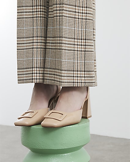 Beige Square Toe Block Heels