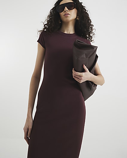 Purple Cap Sleeve Ribbed Midi Dress