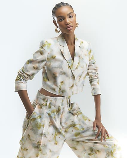 Grey Floral Cropped Boxy Blazer