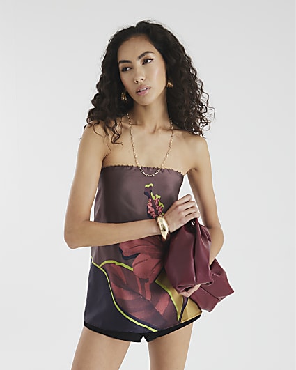 Brown Floral Print Tunic Top