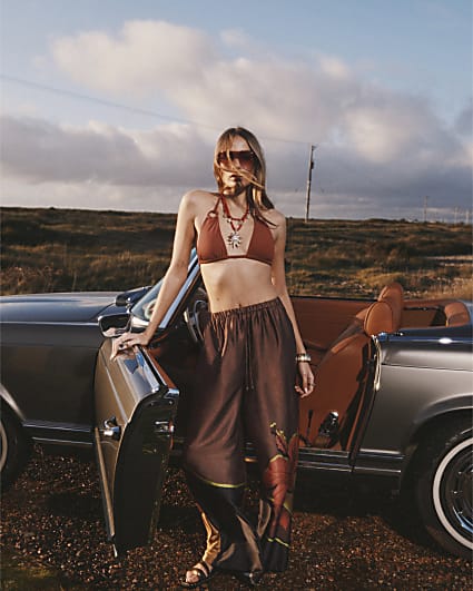 Brown Printed Wide Leg Beach Trousers
