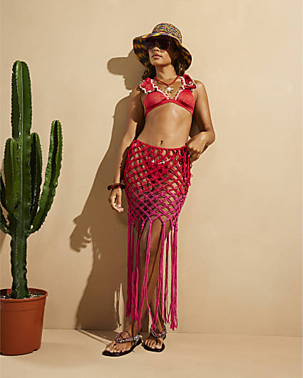 Red Del Maar Macramé Maxi Skirt
