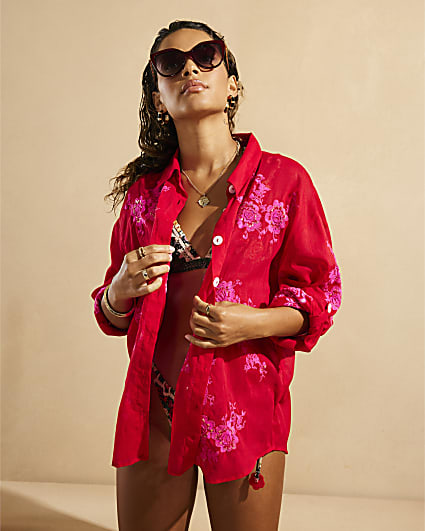 Red Del Maar Floral Embroidered Beach Shirt