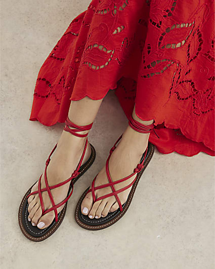 Red Leather Strappy Tie Up Sandals