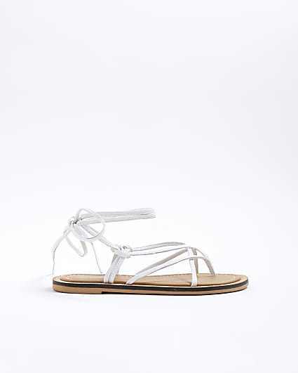 White Leather Strappy Tie Up Sandals