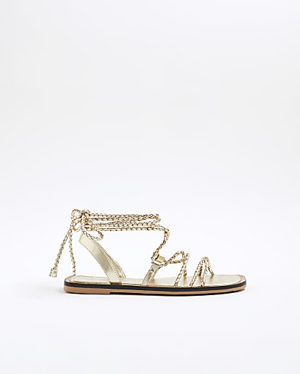 Gold Leather Plaited Tie Up Gladiator Sandals