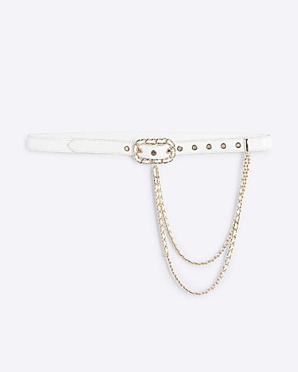 White Patent Belt With Draped Chain