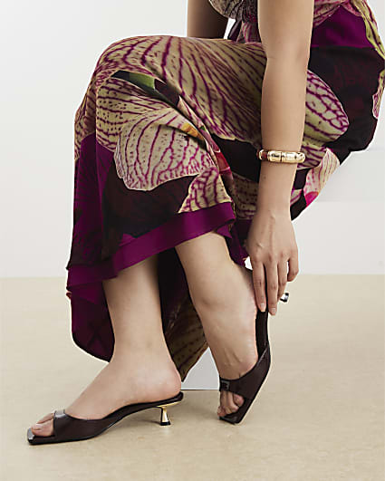 Brown Kitten Heeled Mule Sandals