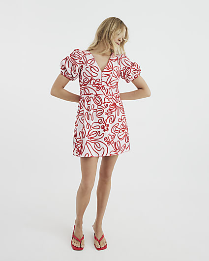 Pink Short Puff Sleeve Floral Mini Dress