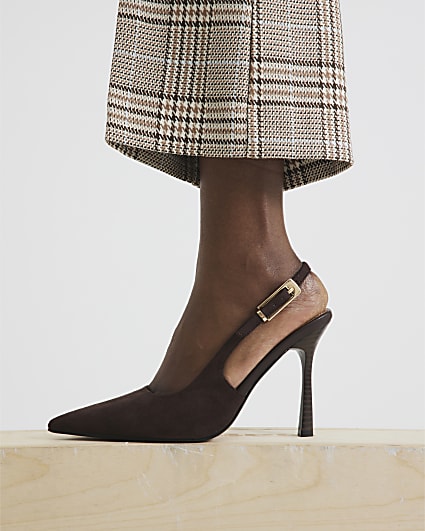 Brown Faux Suede Slingback Buckle Court Heels
