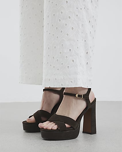 Brown Suede Cross Strap Platform Sandals