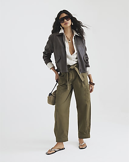 Khaki Belted Barrel Trousers