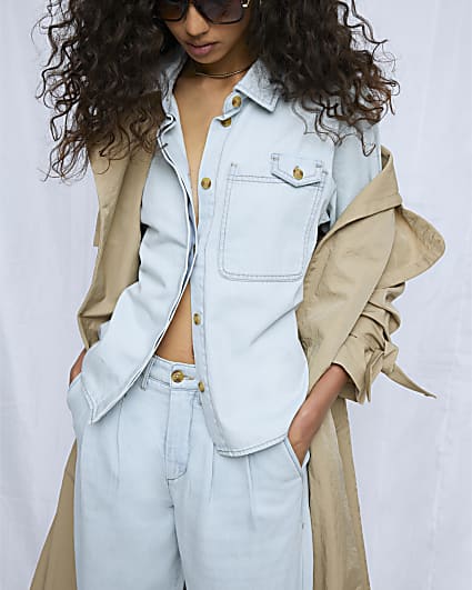 Blue Denim Short Sleeve Loose Pocket Shirt